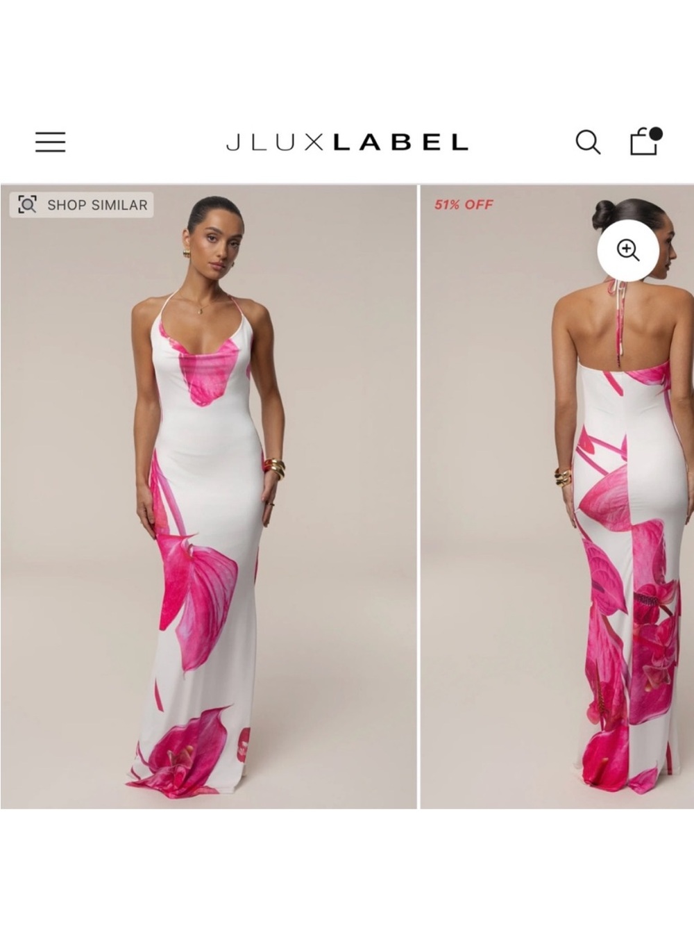 JLUXLABEL White Maxi Dress with Pink Floral Print — Backless Halter